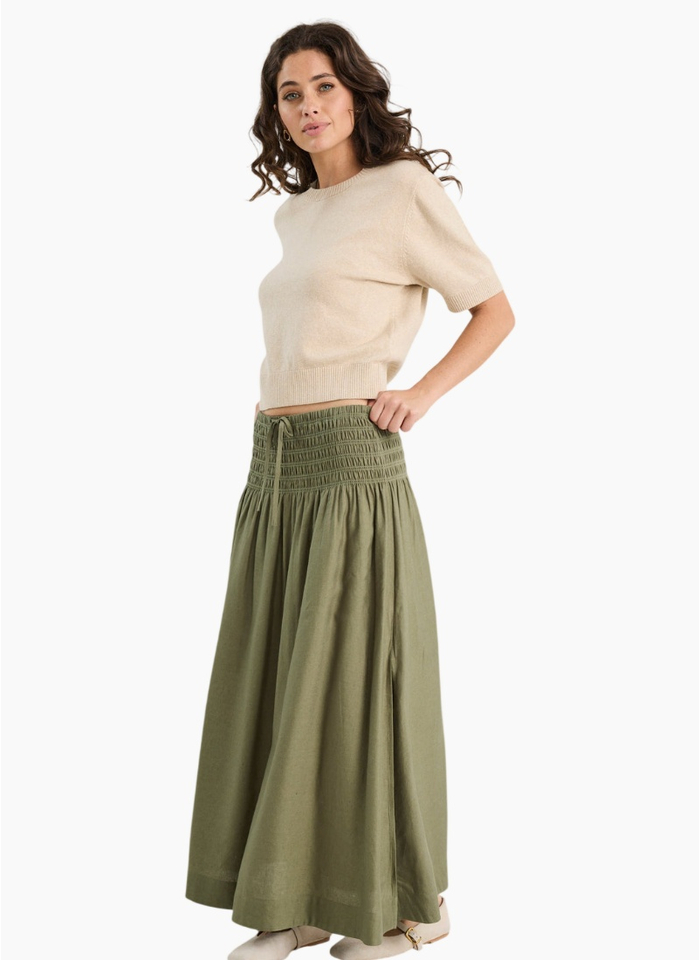 Re:Union Byron Olive Linen Shirred Waist Maxi Skirt