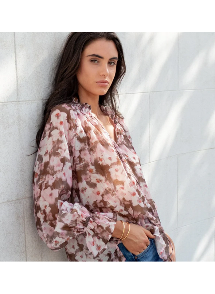 Among The Brave Odyssey Blush Chocolate Floral Shirred Neck LS Top