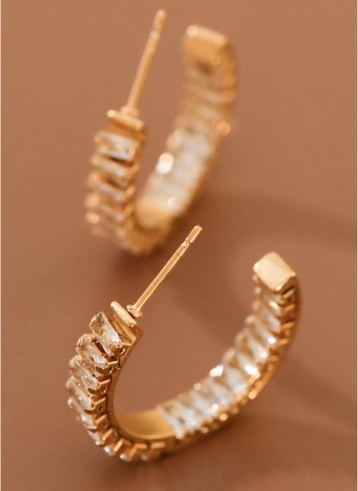 Plated Stainless Steel Rhinestone Hoop Earrings