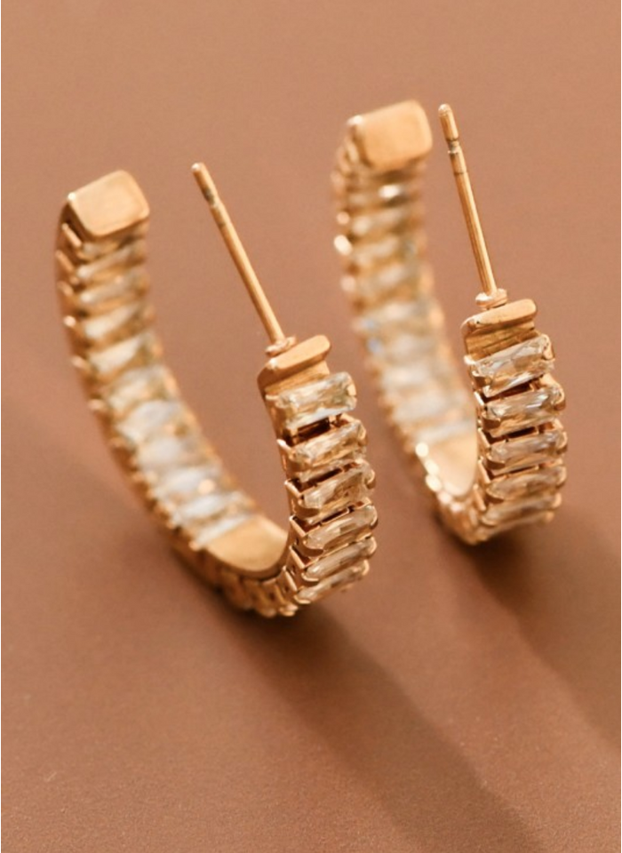 Plated Stainless Steel Rhinestone Hoop Earrings