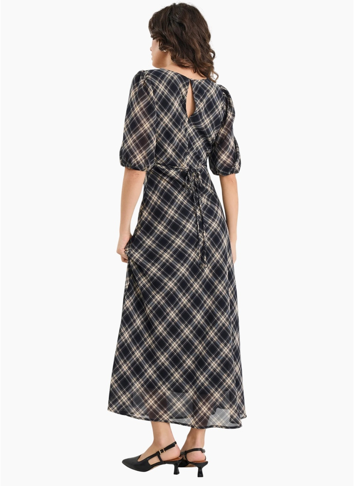 Among The Brave Amora Black Check Chiffon SS Bias Midi Dress