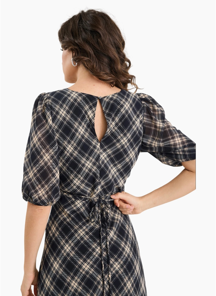 Among The Brave Amora Black Check Chiffon SS Bias Midi Dress