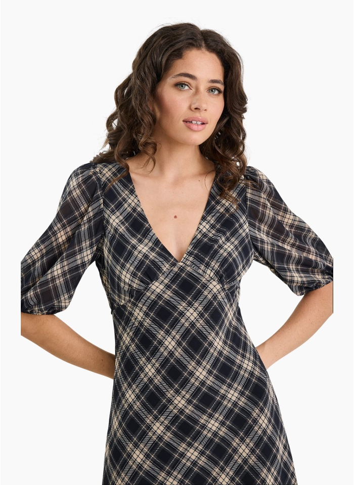 Among The Brave Amora Black Check Chiffon SS Bias Midi Dress