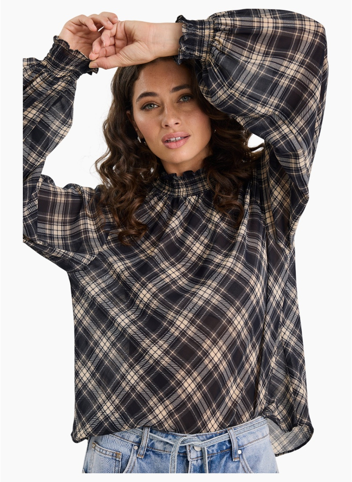 Among The Brave Embrace Black Check Chiffon Shirred Neck LS Top / Black Check Chiffon