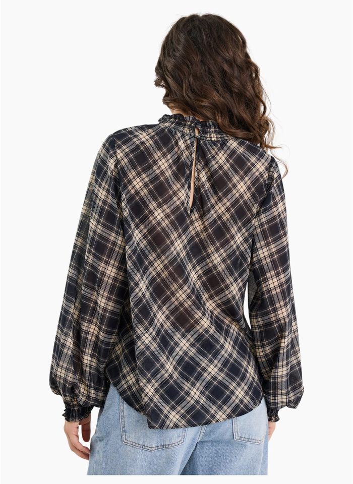 Among The Brave Embrace Black Check Chiffon Shirred Neck LS Top / Black Check Chiffon