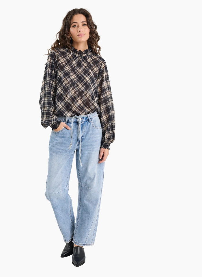 Among The Brave Embrace Black Check Chiffon Shirred Neck LS Top / Black Check Chiffon