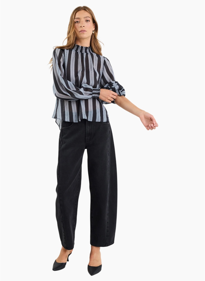 Among The Brave Embrace Grey Stripe Shirred Neck LS Top