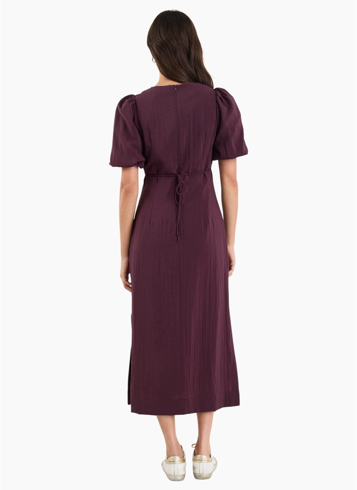 Stories Be Told Elder Plum Short Puff Sleeve Tie Midi Dress