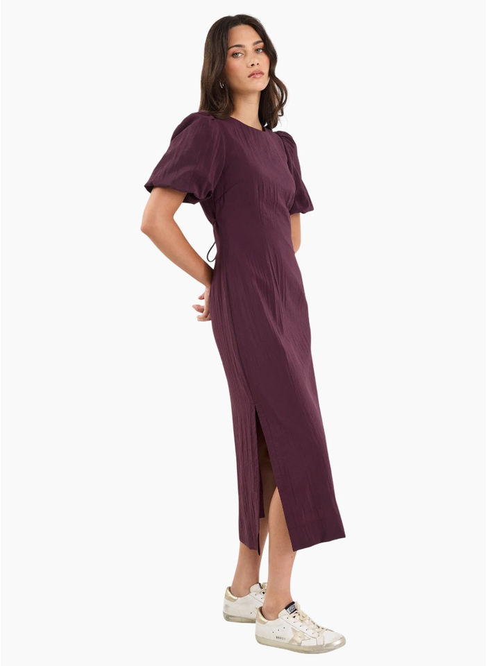 Stories Be Told Elder Plum Short Puff Sleeve Tie Midi Dress