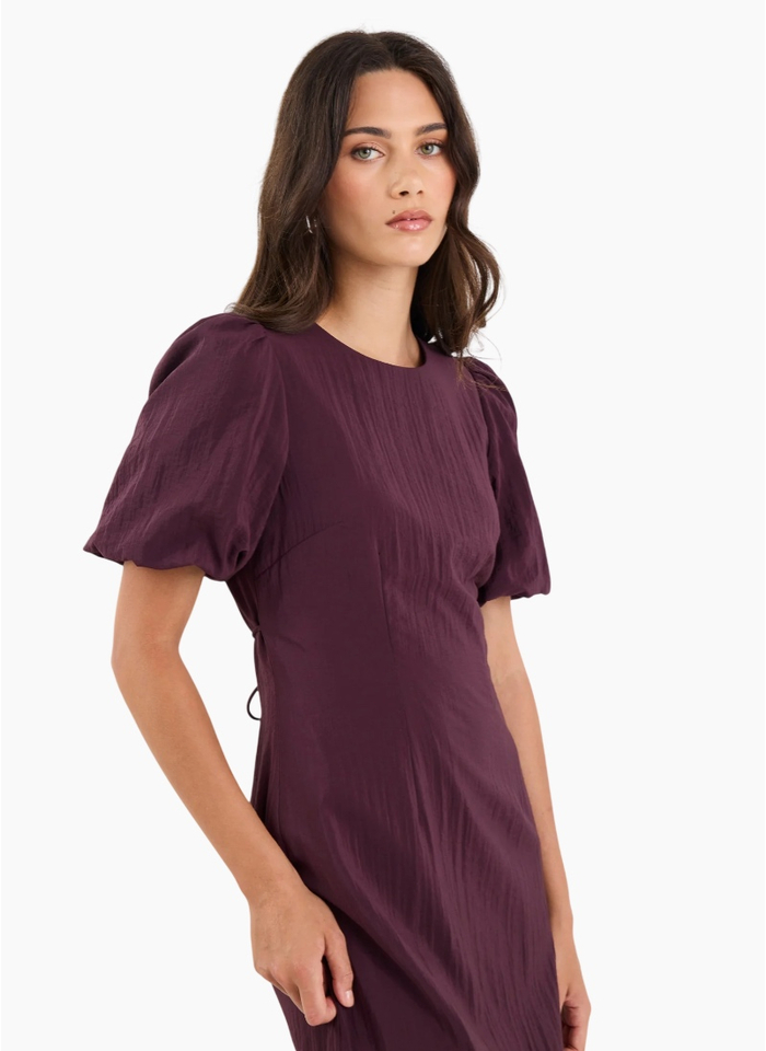 Stories Be Told Elder Plum Short Puff Sleeve Tie Midi Dress
