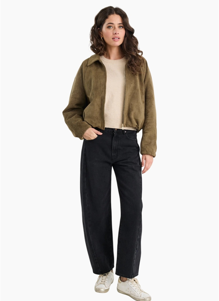 Stories Be Told Troupe Khaki Faux Suede Zip Through Bubble Hem Jacket