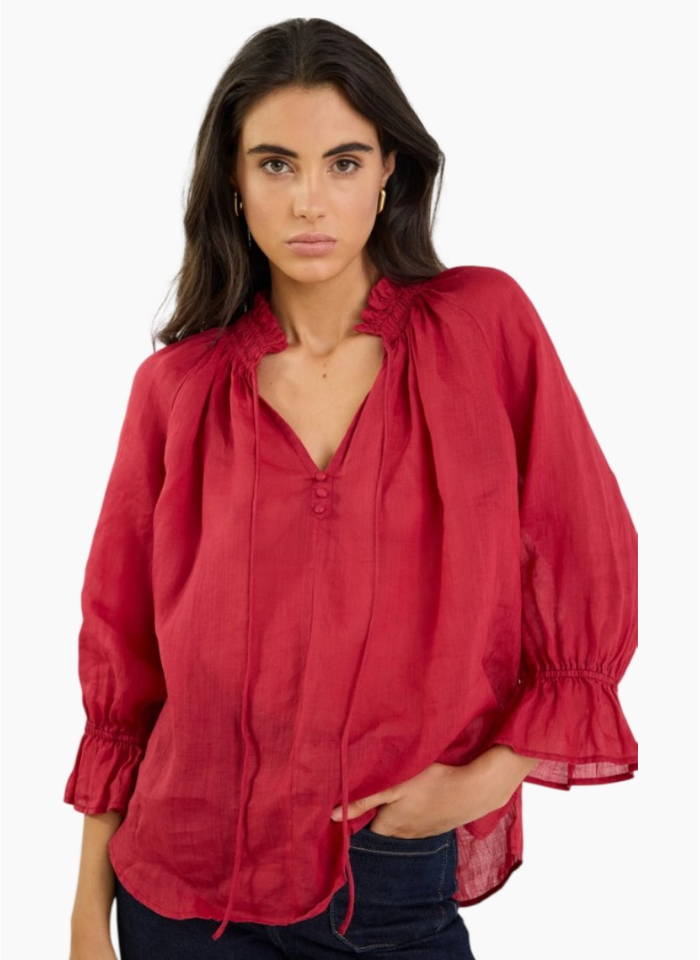 Among The Brave Odyssey Red Shirred Neck Button Mid Sleeve Top