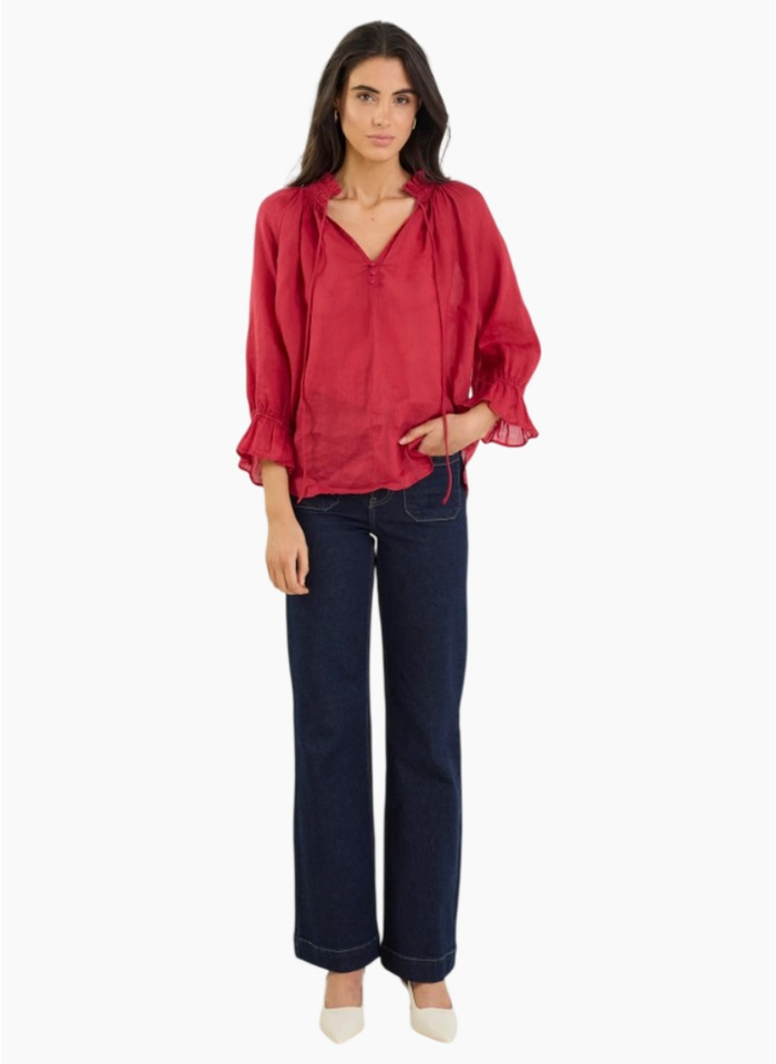 Among The Brave Odyssey Red Shirred Neck Button Mid Sleeve Top
