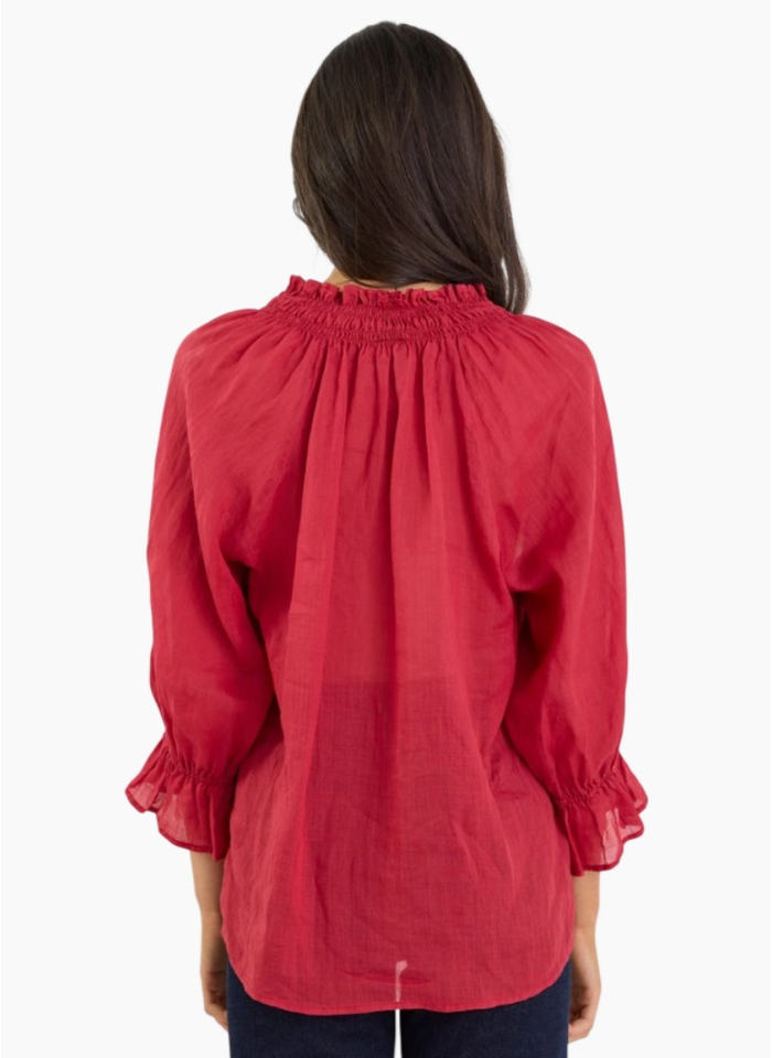 Among The Brave Odyssey Red Shirred Neck Button Mid Sleeve Top