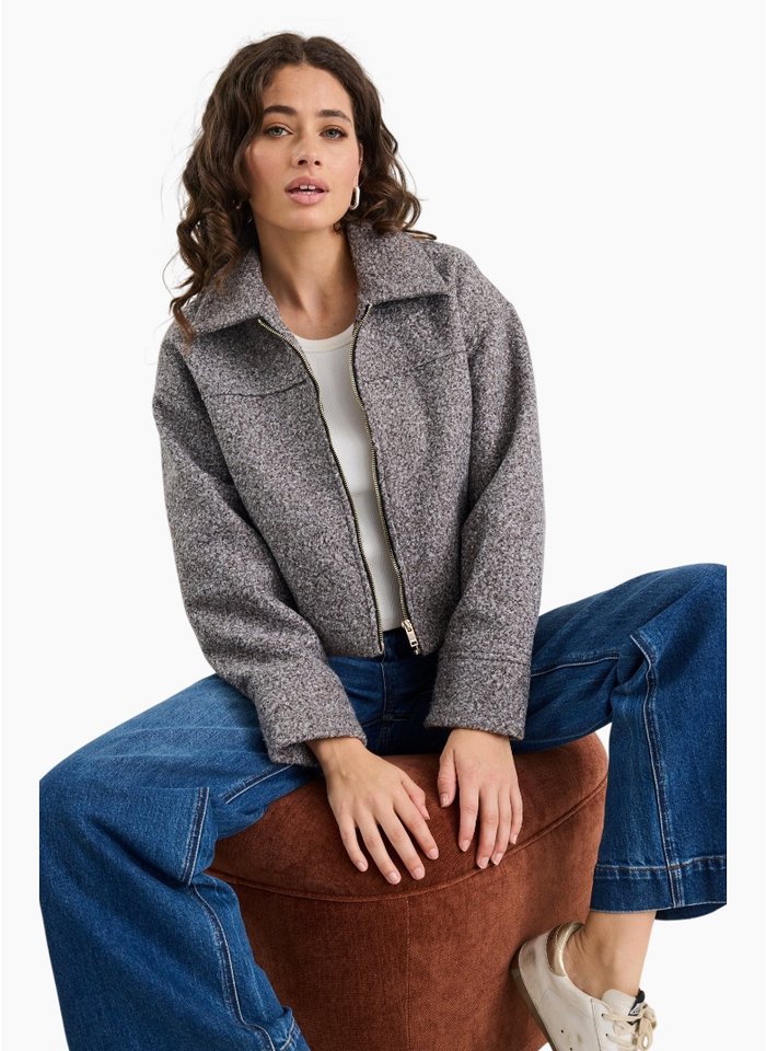 Among The Brave Dune Charcoal Boucle Zip Front Jacket