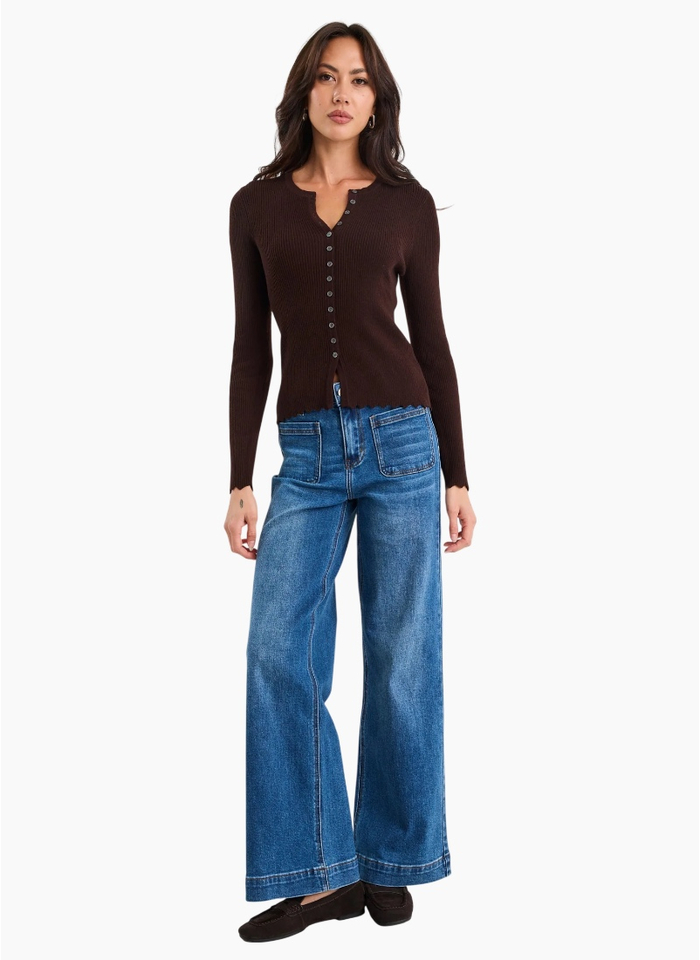 Ivy + Jack Ditto Chocolate Button Front Rib Knit Long Sleeve Top