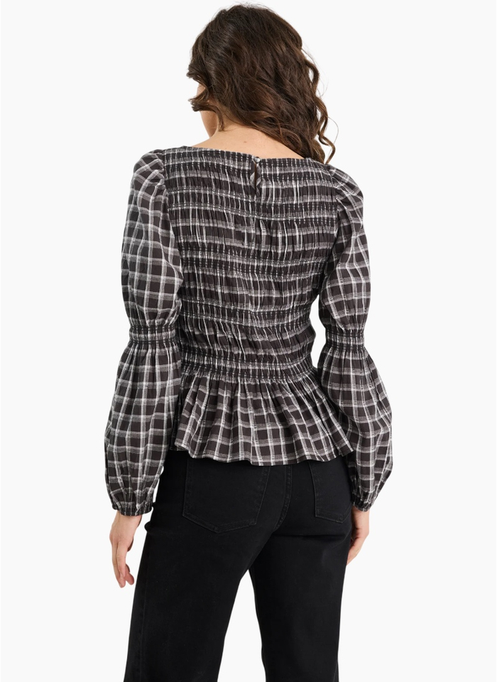 Among The Brave Required Black White Check LS Shirred Bodice Top
