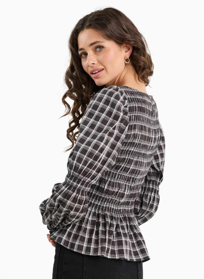 Among The Brave Required Black White Check LS Shirred Bodice Top