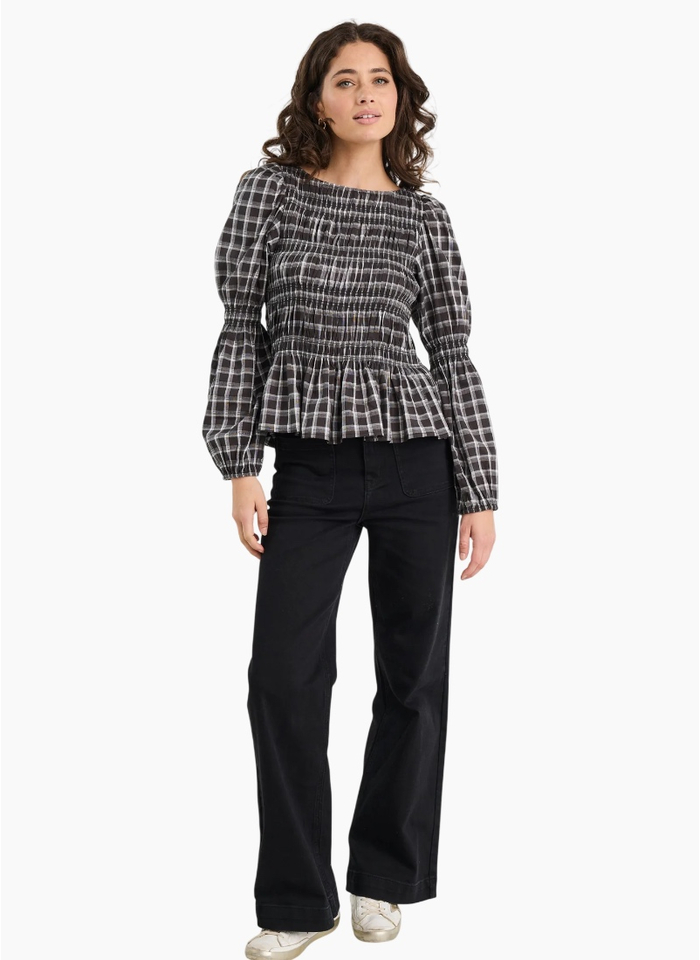 Among The Brave Required Black White Check LS Shirred Bodice Top