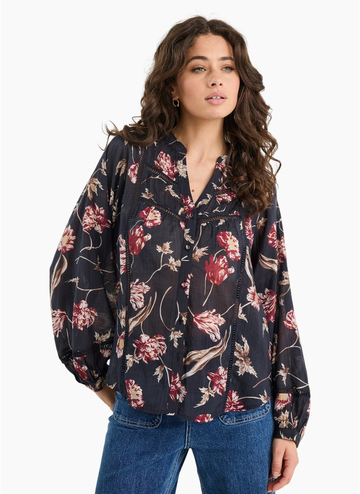 Ivy + Jack Instrumental Black Wildflowers Lace Insert Pintuck Long Sleeve Shirt
