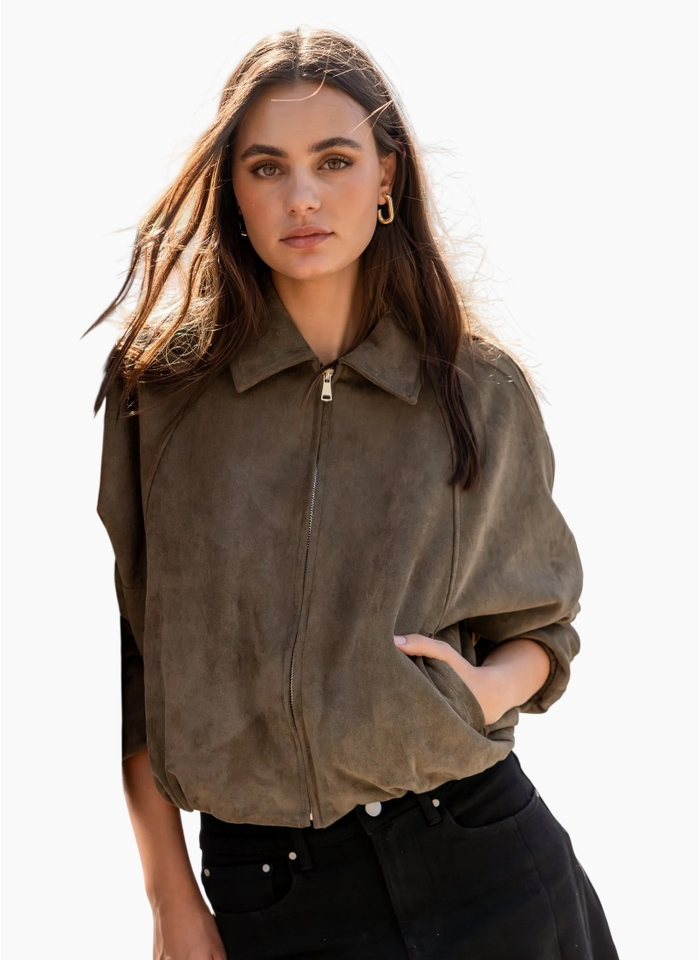 Stories Be Told Troupe Khaki Faux Suede Zip Through Bubble Hem Bomber Jacket