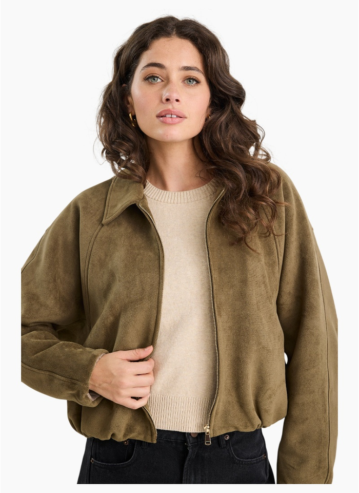 Stories Be Told Troupe Khaki Faux Suede Zip Through Bubble Hem Bomber Jacket