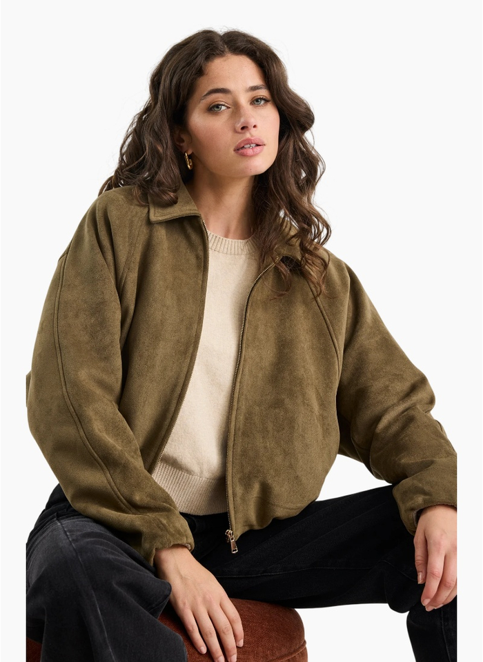 Stories Be Told Troupe Khaki Faux Suede Zip Through Bubble Hem Bomber Jacket