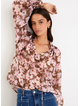 Among The Brave Odyssey Blush Chocolate Floral Shirred Neck LS Top