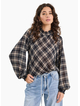 Among The Brave Embrace Black Check Chiffon Shirred Neck LS Top / Black Check Chiffon