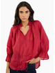 Among The Brave Odyssey Red Shirred Neck Button Mid Sleeve Top