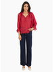 Among The Brave Odyssey Red Shirred Neck Button Mid Sleeve Top