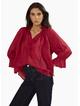 Among The Brave Odyssey Red Shirred Neck Button Mid Sleeve Top