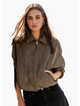 Stories Be Told Troupe Khaki Faux Suede Zip Through Bubble Hem Bomber Jacket